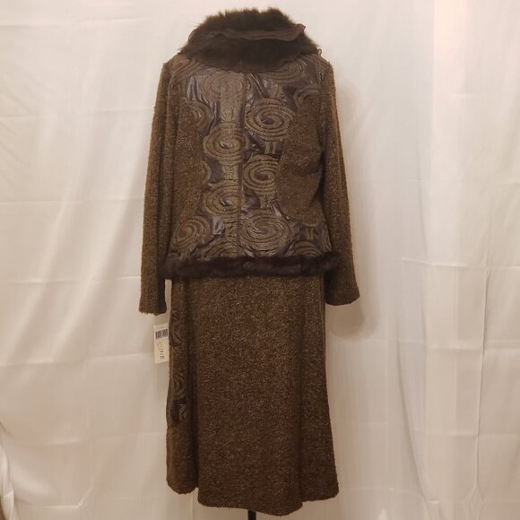 Vintage Moshita Couture 2 Piece Brown Outfit w/Faux Fur Collar and Trim, Size 16 - Picture 10 of 16
